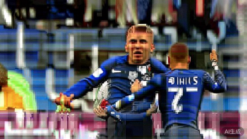 法国队球员格列兹曼进球后与队友姆巴佩庆祝的激动场面