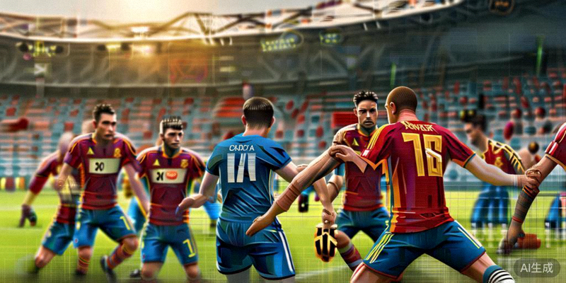 西班牙队球员在比赛中精妙传控，意大利队球员奋力防守的战术画面