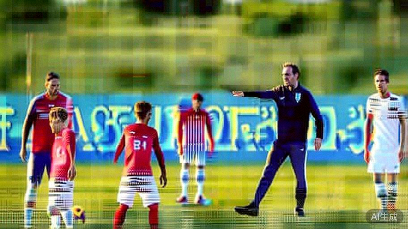 英格兰队主教练索斯盖特在场边指导凯恩、贝林厄姆等球员进行定位球战术演练