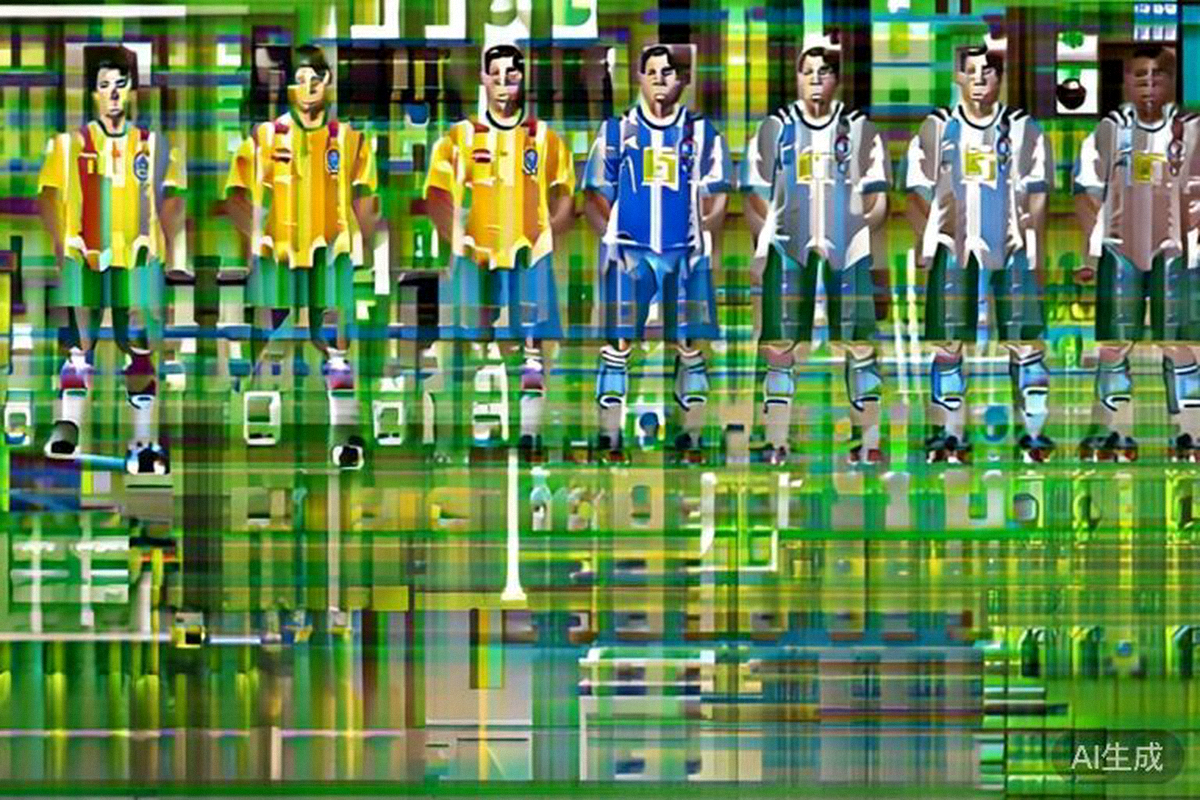 巴西队与阿根廷队赛前首发阵容合影，两队球员在球场中圈列队，神情专注