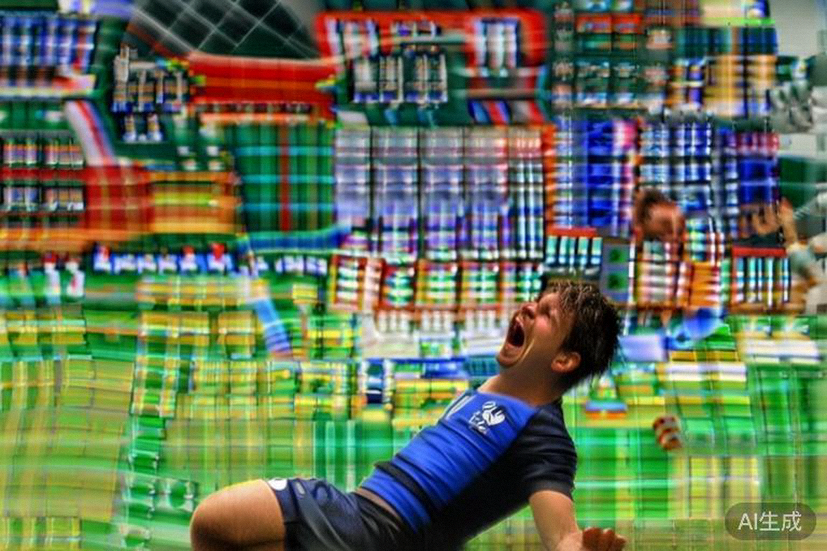 法国队中场琼阿梅尼打入世界波后激动地滑跪庆祝，队友纷纷上前拥抱