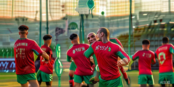 摩洛哥国家男子足球队在训练场上庆祝进球，球员齐耶赫在展示技巧