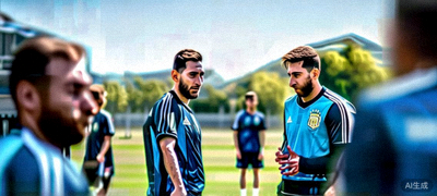 阿根廷国家男子足球队队长梅西在训练中与队友交流战术