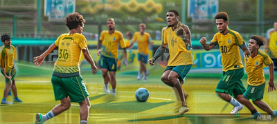 巴西国家男子足球队在绿茵场上进行高强度分组对抗训练