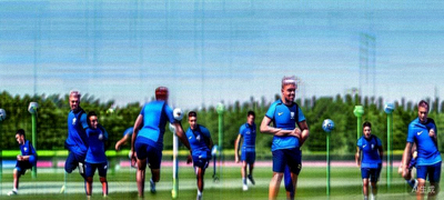 法国国家男子足球队在训练场上进行战术演练，球员们身穿蓝色训练服